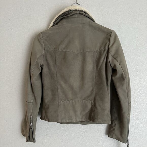 Mango Grey Taupe Real Leather Jacket Lambskin Collar fur Jacket XS - Picture 2 of 6